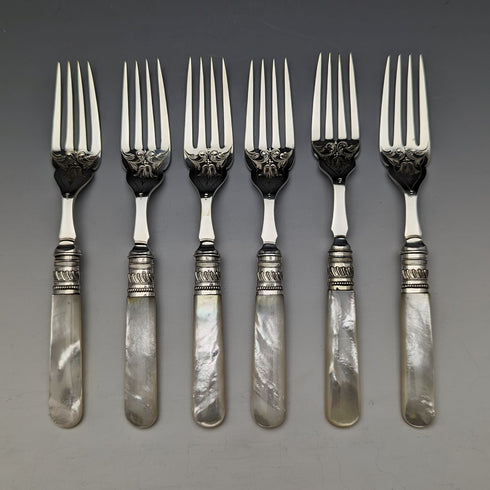 Around 1890 British Antique White Pearl Shell Handle Cutlery 6 Pair Set in Wooden Box Joseph Elliot